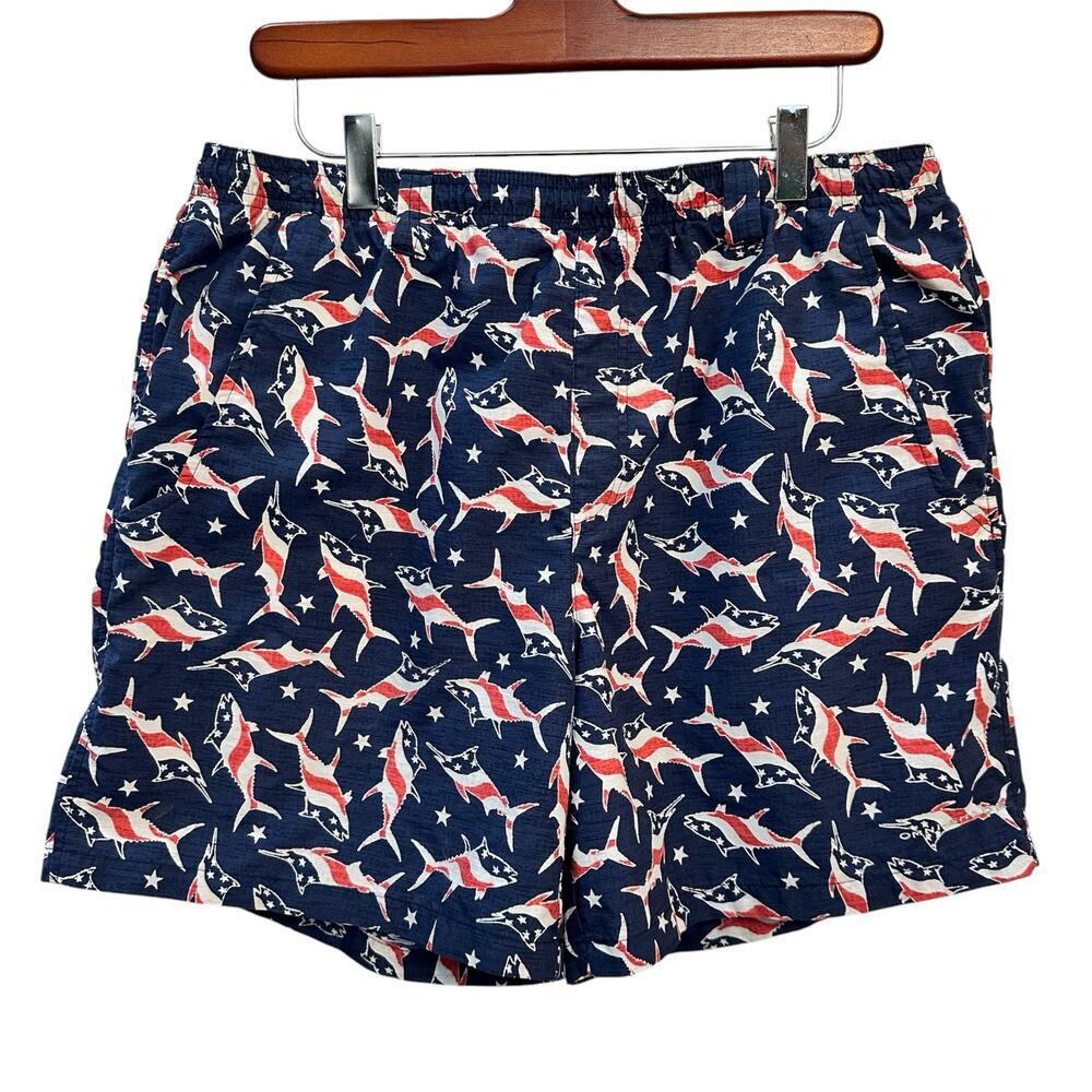 Columbia PFG Mens M Flag Sharks Swim‎ Fishing Shorts Lined Drawstring Pocket